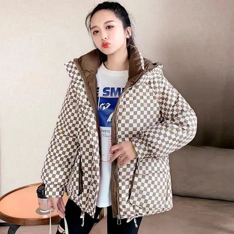Parkas Women 2022 Winter New Fashion Slim All-match Checkerboard Padded Coat Female Hooded Loose Short Thick Down Cotton Jacket