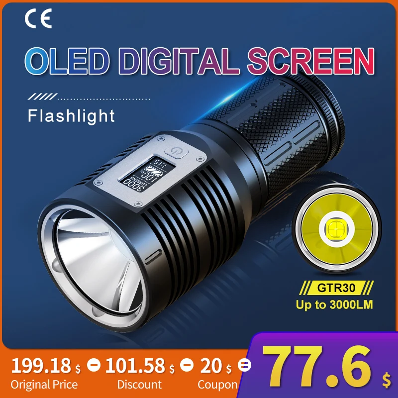 

Outdoor Flashlight GTR30 LED Digital OLED Display 3000LM P90 Type C Rechargeable Searchlight Ultra Bright Long Range Torch Light