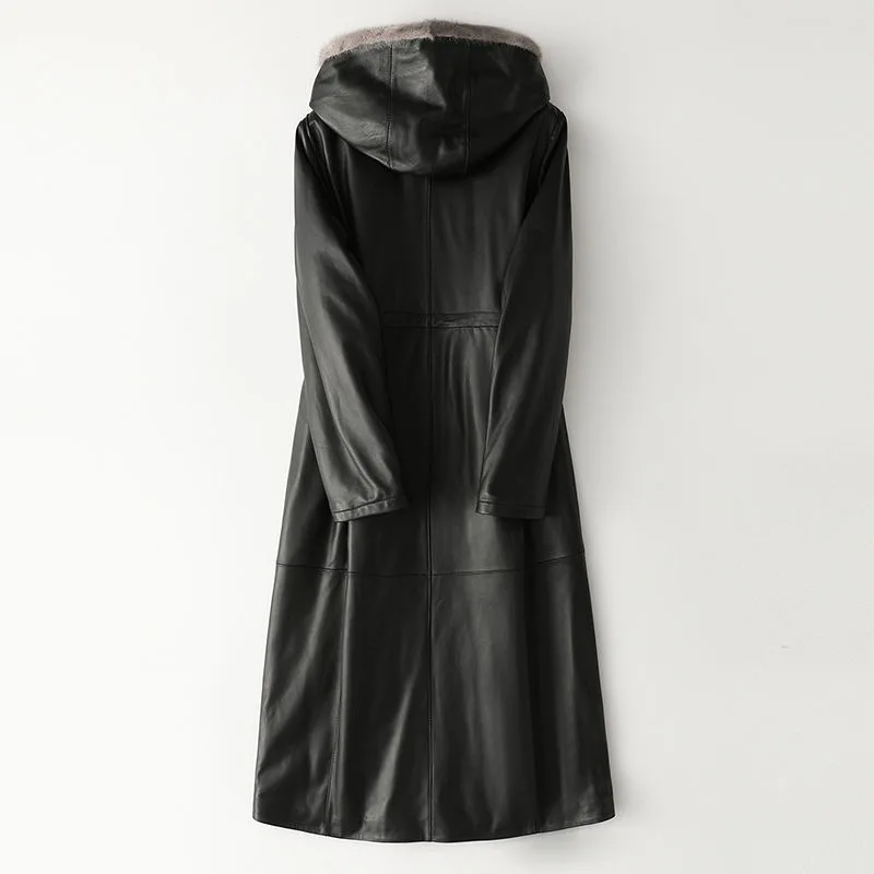 Sheepskin Mink Fur Collar Hood Leather Down Coat for Women