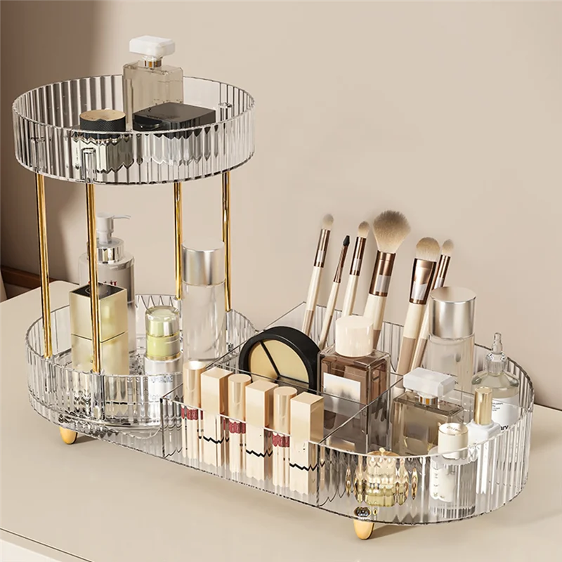 Фото ABGR-Skincare Cosmetics Вращающийся органайзер для макияжа для туалетного столика, 2-уровневый парфюм с держателями для кистей №4