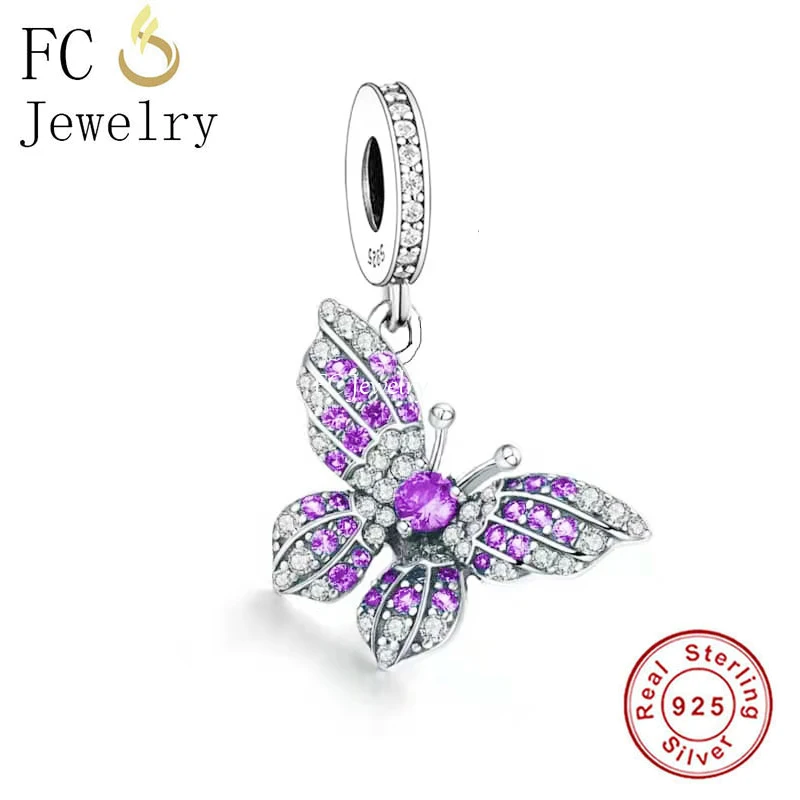 

FC Jewelry Fit Original Pandira Charm Bracelet 925 Silver Purple CZ Crystal Butterfly Bead For Making Women Berloque 2022 Spring