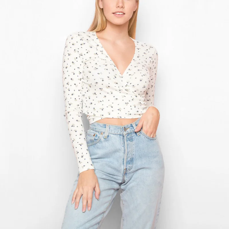 

2021 Women Cottagecore Top Floral V-neck Cross Tie Wrap Women's Vintage Long-sleeved V-neck T-shirt Autumn Crop Tops Women