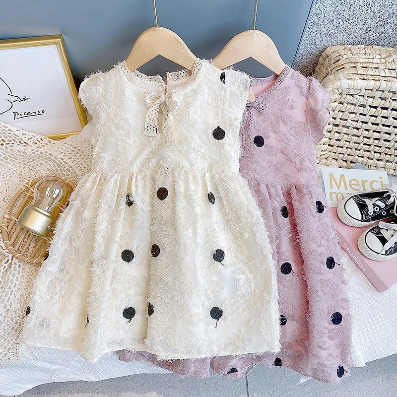 

2022 New Girls Dresses Children’s Summer Flying Sleeve Bow Dot Princess Dress Fashion Cute Baby Kids Clothing