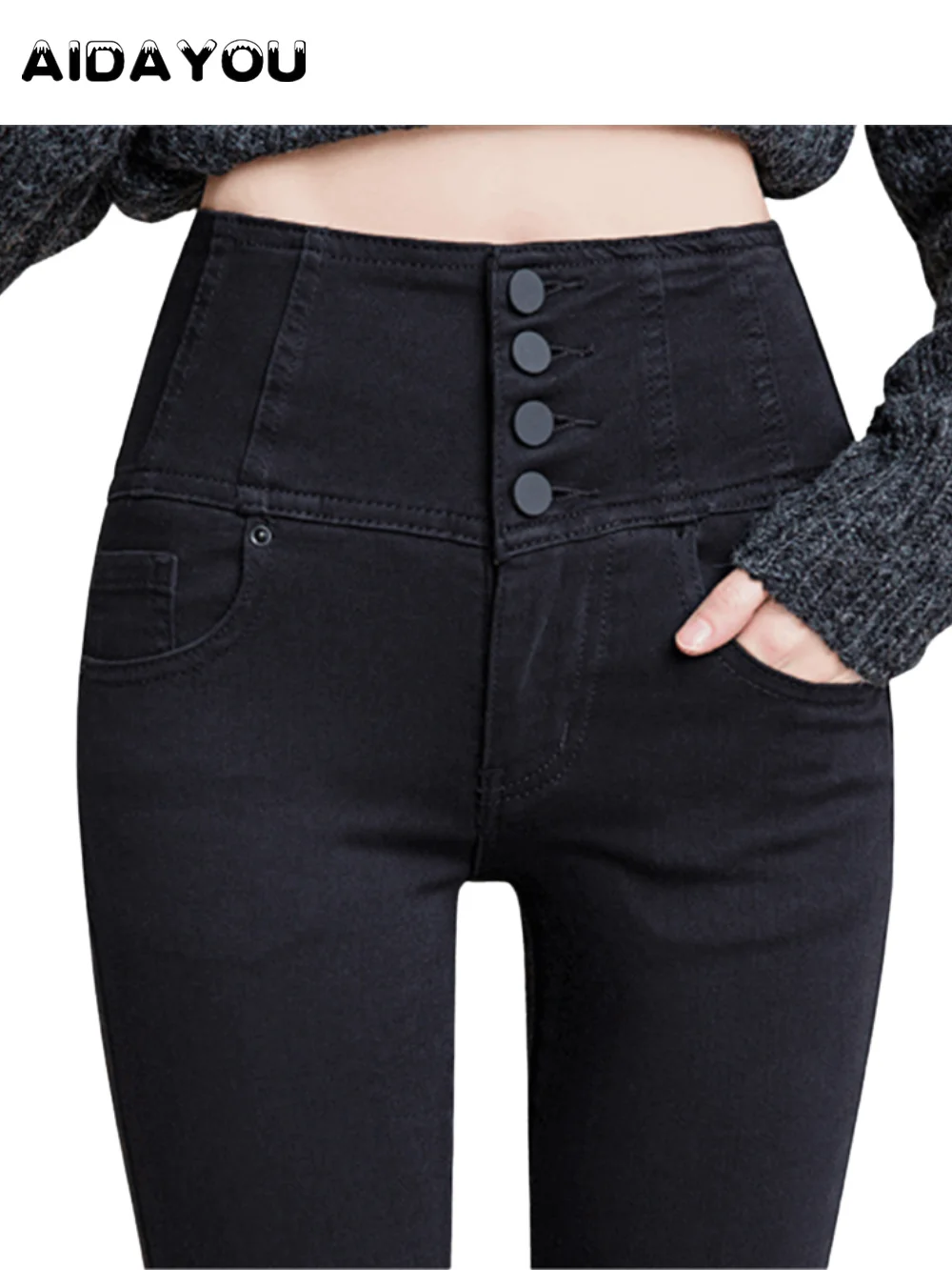 

High Waisted Jeans Button Front for Women Stretch Denim Black Petite XS - 4XL Dress Pants With Pocket ouc433