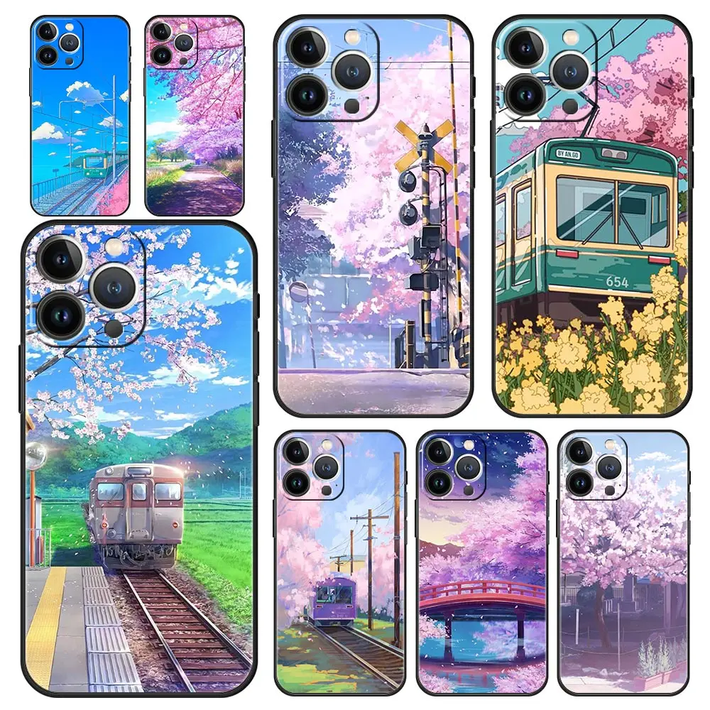 

Cherry Blossoms Japanese Traint Moun Fuji Luxury Soft Phone Case For iPhone 13 15 14 12 11 Pro MAX XR X SE XS 7 8 Plus Cover