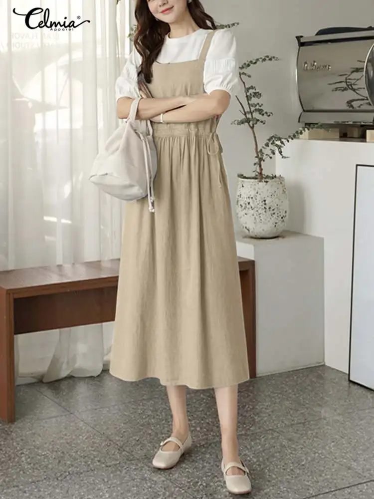 

Повседневное платье средней длины со шнуровкой на талии, женское Элегантное Длинное джинсовое платье без рукавов в Корейском стиле Celmia