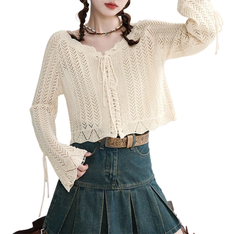 

New style Womens Solid Ribbed Knitted Shirts Drawstring Sweet Style Lacy Neckline Top