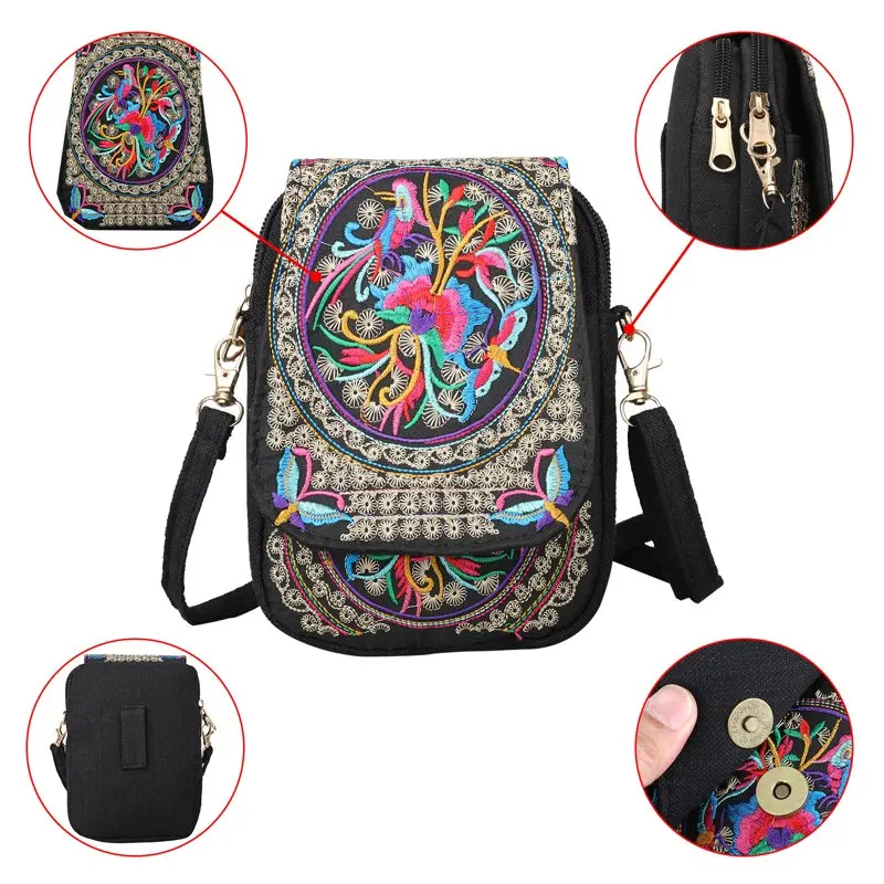4.33 in Women Retro Embroidery Printed Handmade Mini Lovely Crossbody Handbag Pouch Small Cellphone Purse Coin Bag 5.51 x 4.33
