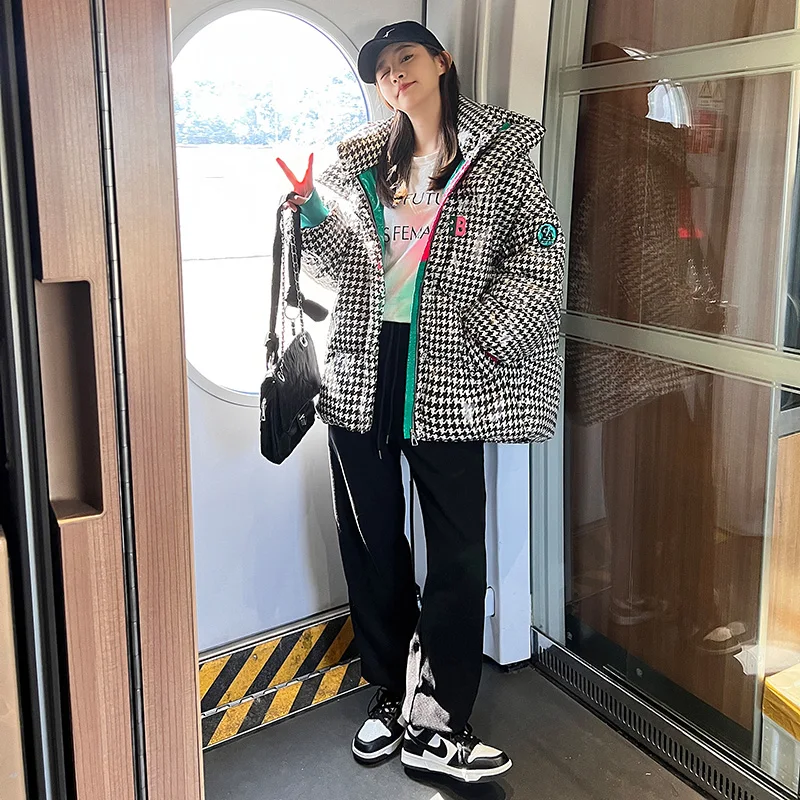 Winter Houndstooth Hooded Puffer Jackets Womens Korean Fashion Trends Chic Streetwear Teenage Girls Loose Fit Padded Warm Coats