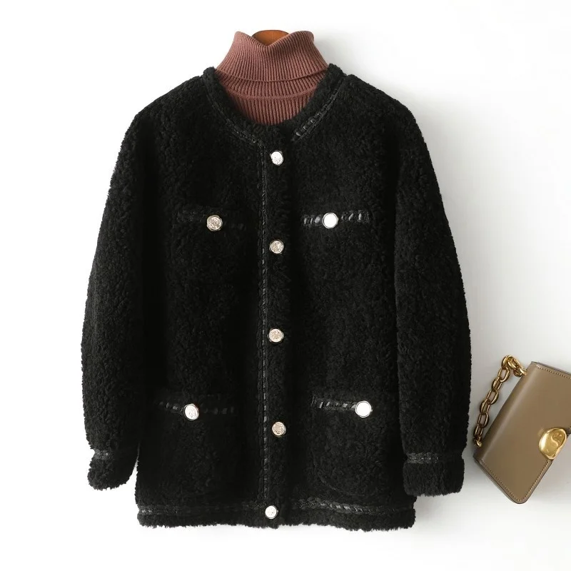 

Ladies of the office stylish royal skin new winter neck breasted cashmere wool women's fashionable clothing luxury sheep cut