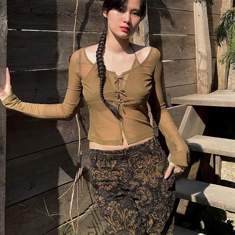 

Harajuku Mesh Sheer Crop Top Kawaii Bow Hollow Out Halter T-shirt E-girl See Through Long Sleeve Tees Women Vintage Streetwear