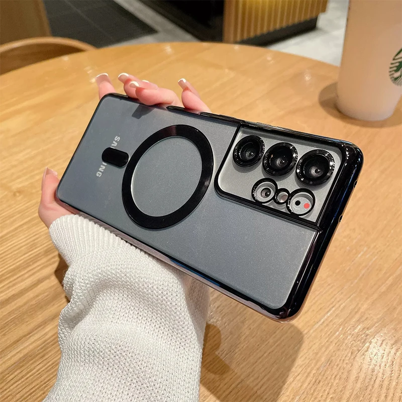 

Luxury For Magsafe Magnetic Wireless Charging Case For Samsung Galaxy S21 S22 Ultra Plus Transparent Shockproof Silicone Cover
