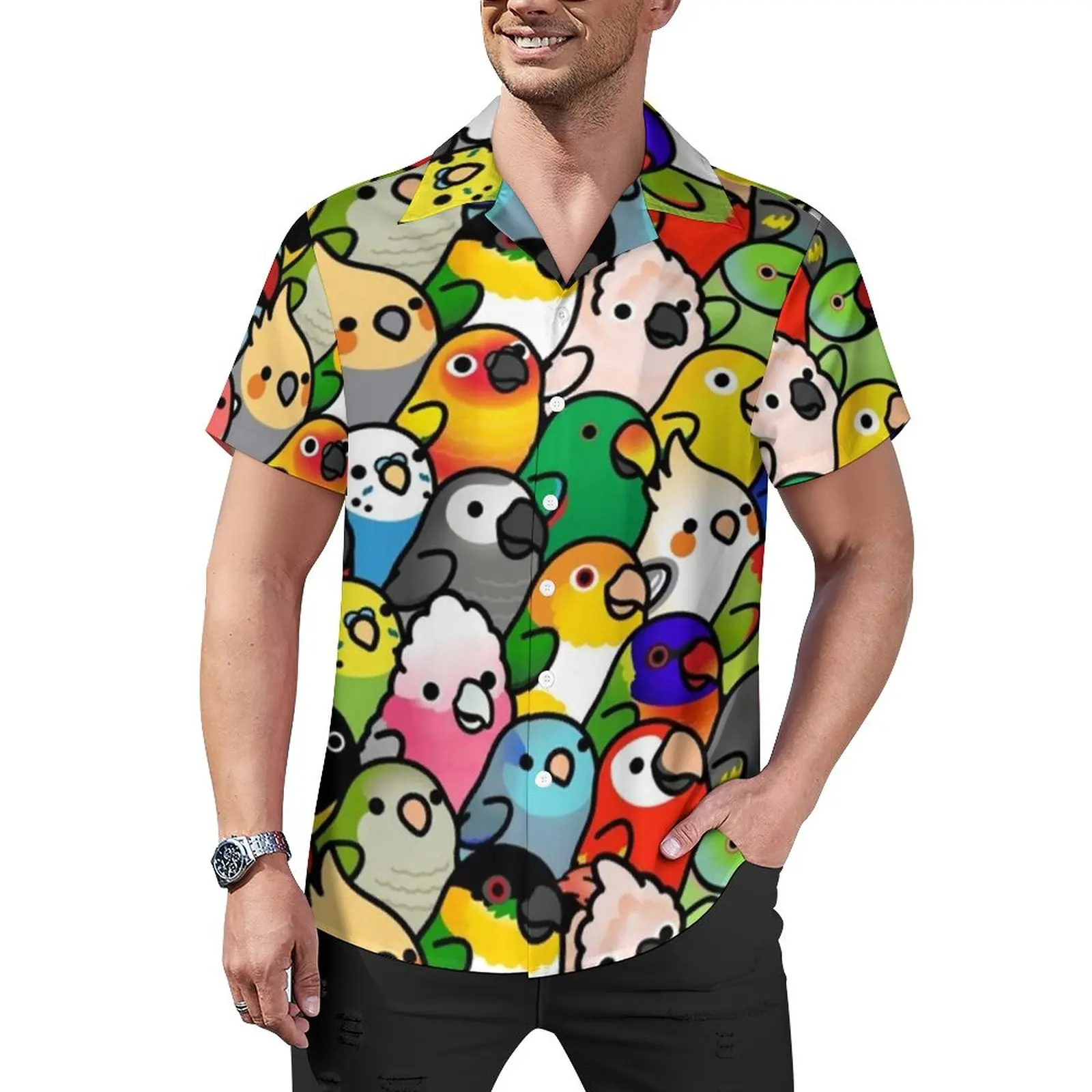 

Colorful Birds Print Casual Shirts Cute Cockatiel Beach Shirt Summer Stylish Blouses Man Graphic Big Size 3XL 4XL