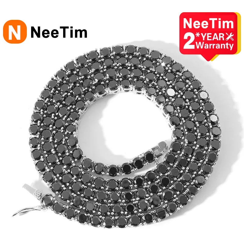 

NeeTim Full Black Moissanite Tennis Necklaces for Women Man Lab Diamond HipHop Fine Jewelry s925 Sliver Plated 18k Gold Necklace