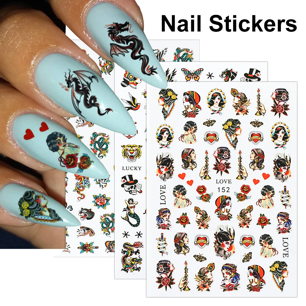 

New Dragon Snake Nail Stickers 3D Black Gothic Style Self Adhesive Slider Nail Decals Wraps Chinese Nails Art Decoration