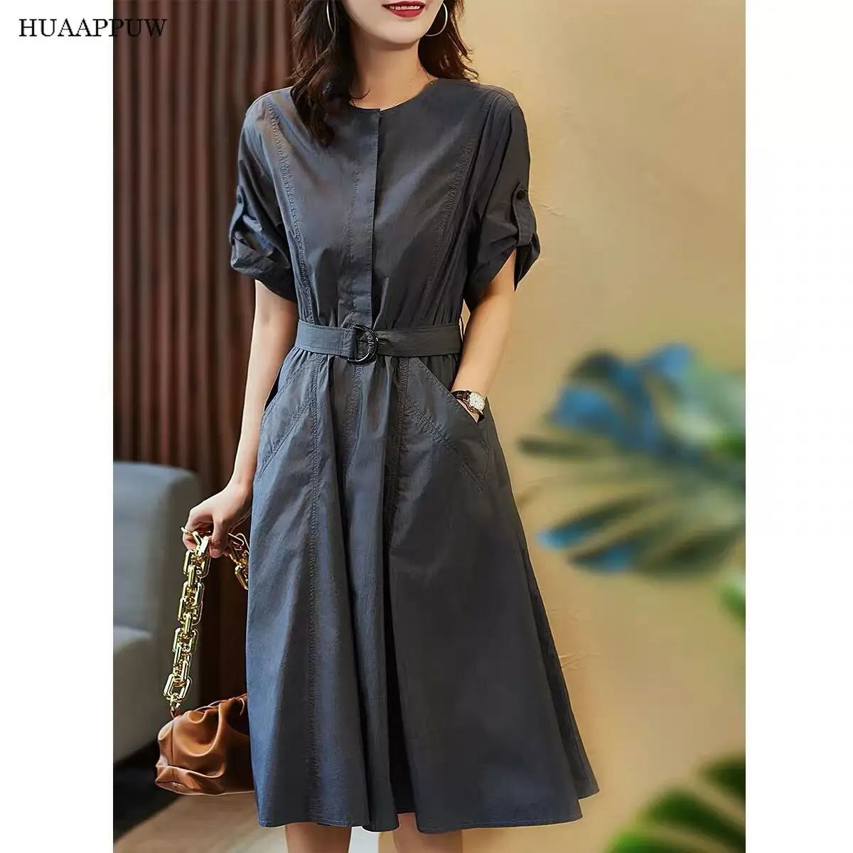

Fashion Grey Lace Up Shirt Dresses Women's 2022 Spring and Summer New A-line Dress Vestidos