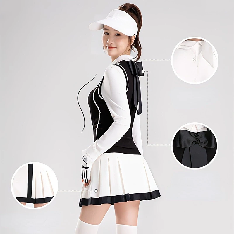 

MY Golf Women's Shirt Autumn Vest Knitted Vest Slim Pleated Skirt Ladies Long Sleeve Polo Shirt Sports Golf Woman’s Clothes