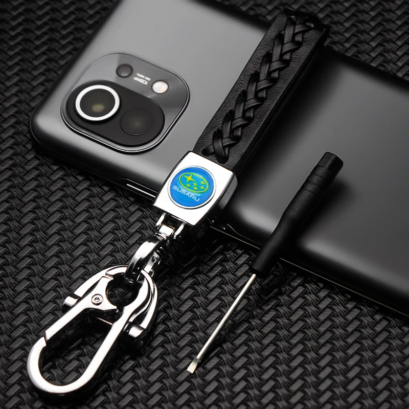 

1 Pack Handmade Leather Keychain With Braided Rope Car Keyring Wristband Black For Subaru Forester XV Outback Ascent Legacy STI