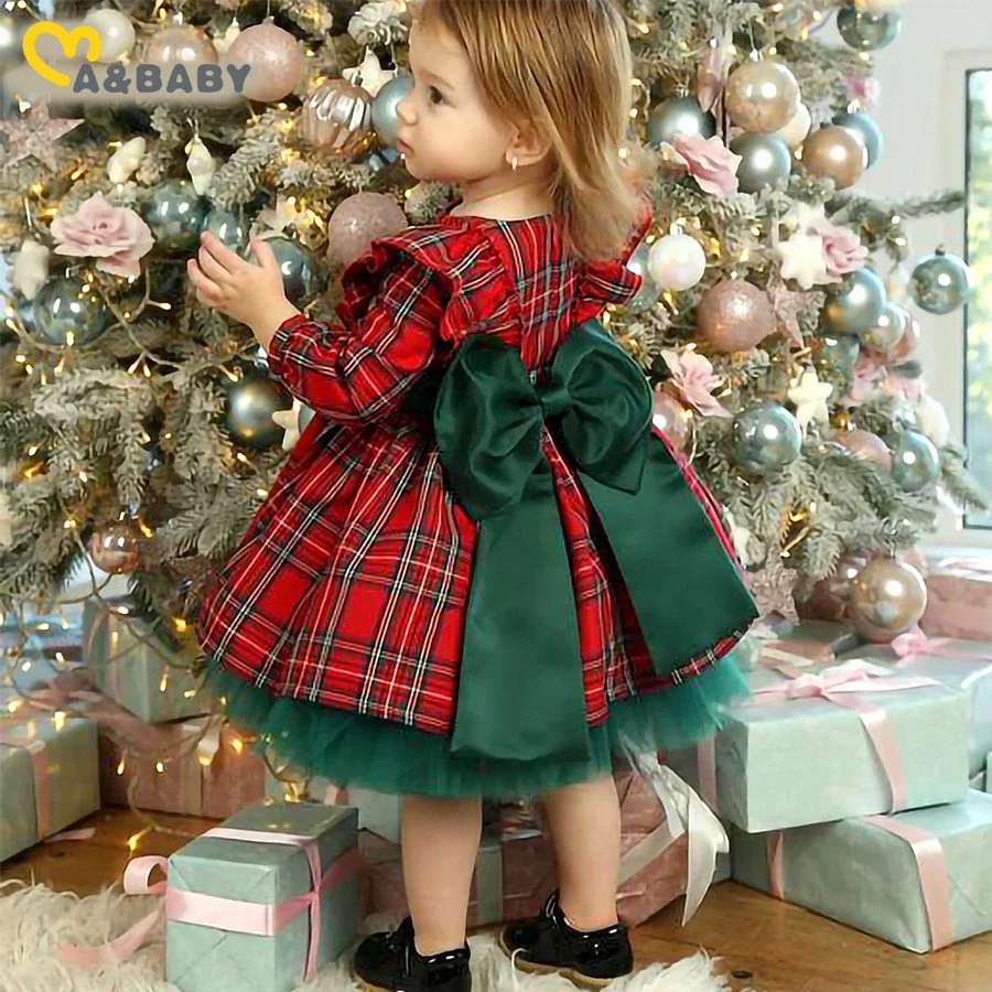

New Girls Plaid Long Sleeved Dress Christmas Dress Holiday New Children's Clothing Big Bow Mesh Princess Dress Kids Clothes
