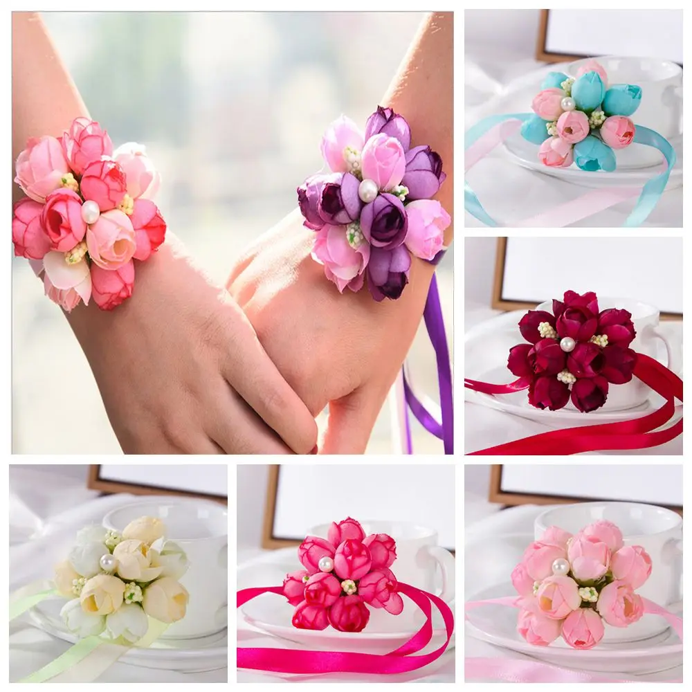 

DIY Party Prom Bridesmaid Floral Bride Wedding Bracelets Ribbon Hand Wrist Flower Pearls Rose