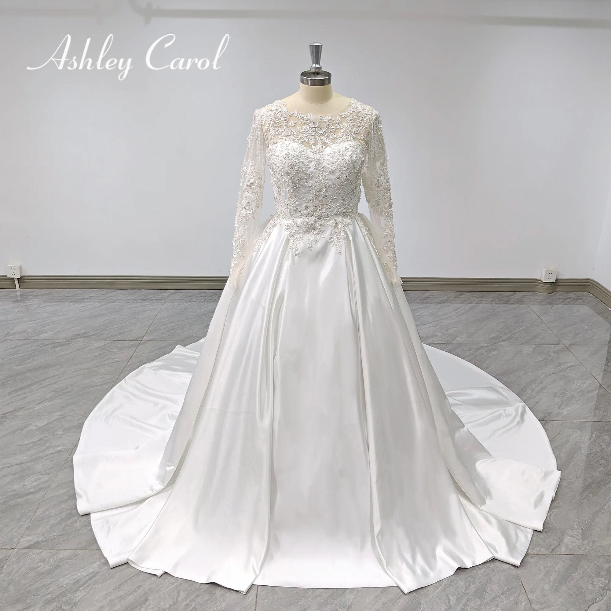 

Ashley Carol Satin A-Line Wedding Dresses For Women 2023 Long Sleeve Beading RUFFLES Wedding Gown Real photos Vestidos De Novia