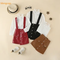 princess autumn spring full sleeve solid top shirts pu leather strap dress buttons kids baby children clothing set 2pcs 2 7y