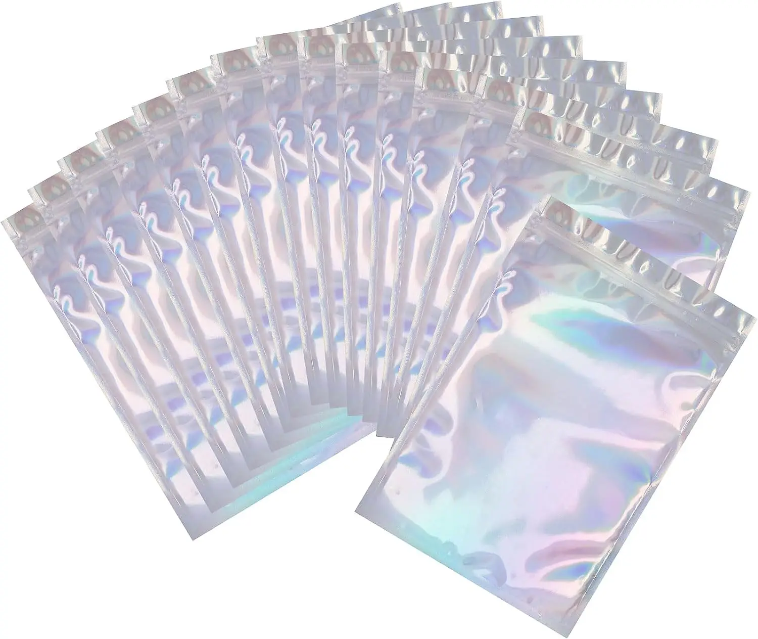 

100PCS Smell Proof Mylar Bags Holographic Packaging Pouch Bag with Clear Window, Resealable Ziplock Foil Pouch Bags for F
