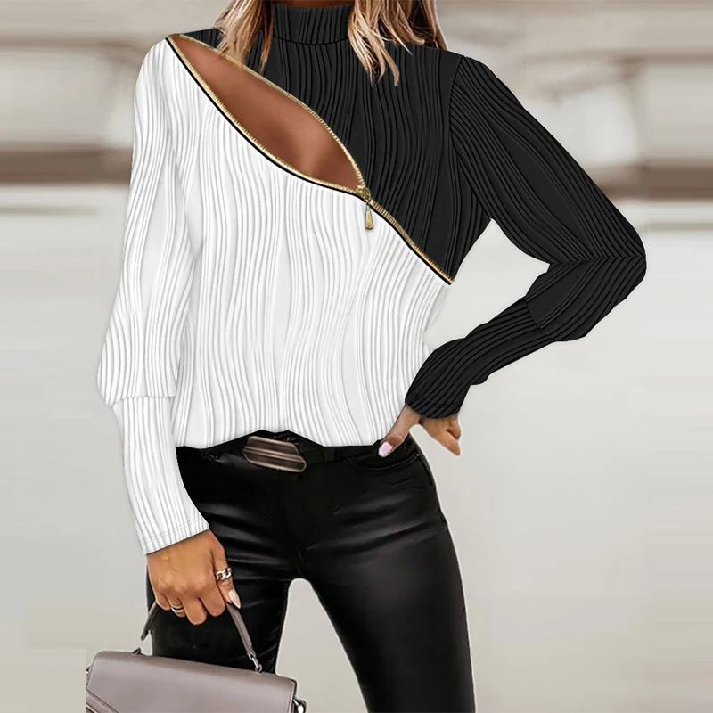 

Женская блузка с длинным рукавом, Повседневная винтажная блузка с высоким воротником и узором в виде волн, ажурный топ на молнии контрастных цветов, 2019