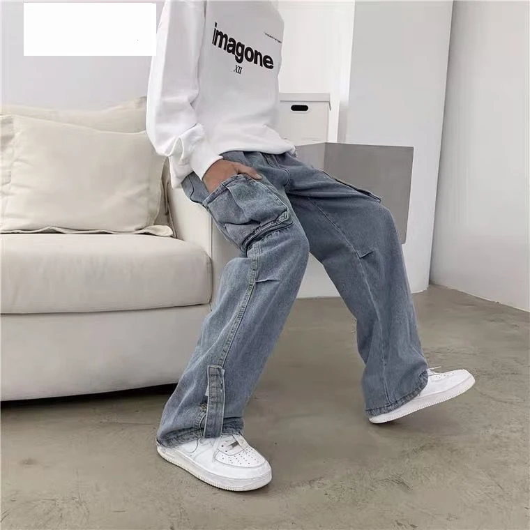 Denim Trousers Male Jeans Denim Cargo Pants Baggy Wide Leg Jeans Casual Autumn Winter Korean Streetwear Hip Hop Cowboy