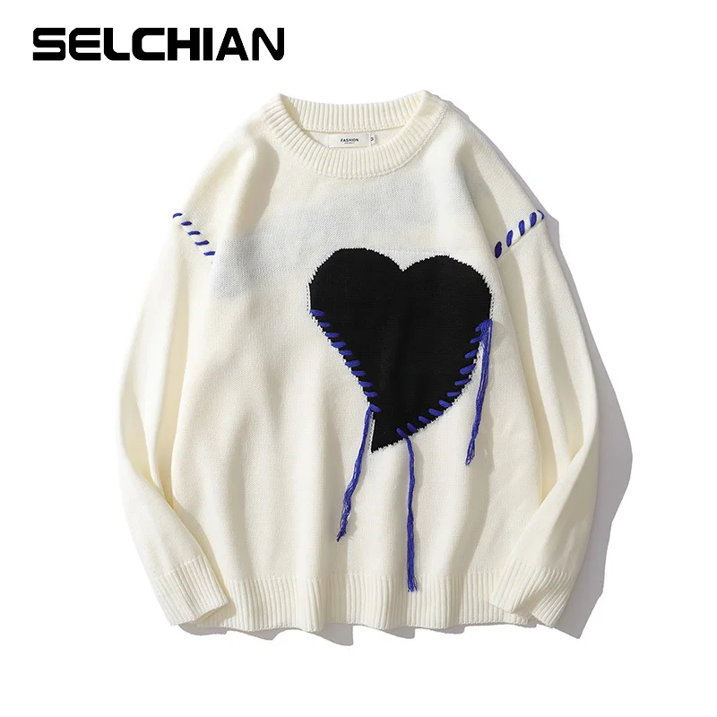 

Sweetheart Shape Embroidery Tassel Letter Crew Neck Mens Sweaters Knit Pullover Retro Japanese Streetwear Oversize Casual Tops