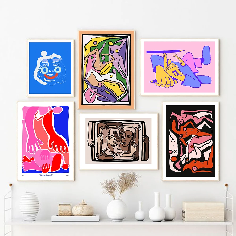 

Psychedelic Nudes Print Poster Creative Block Abstract Face Canvas Painting Nordic Retro Wall Art Picture Living Room Home Decor