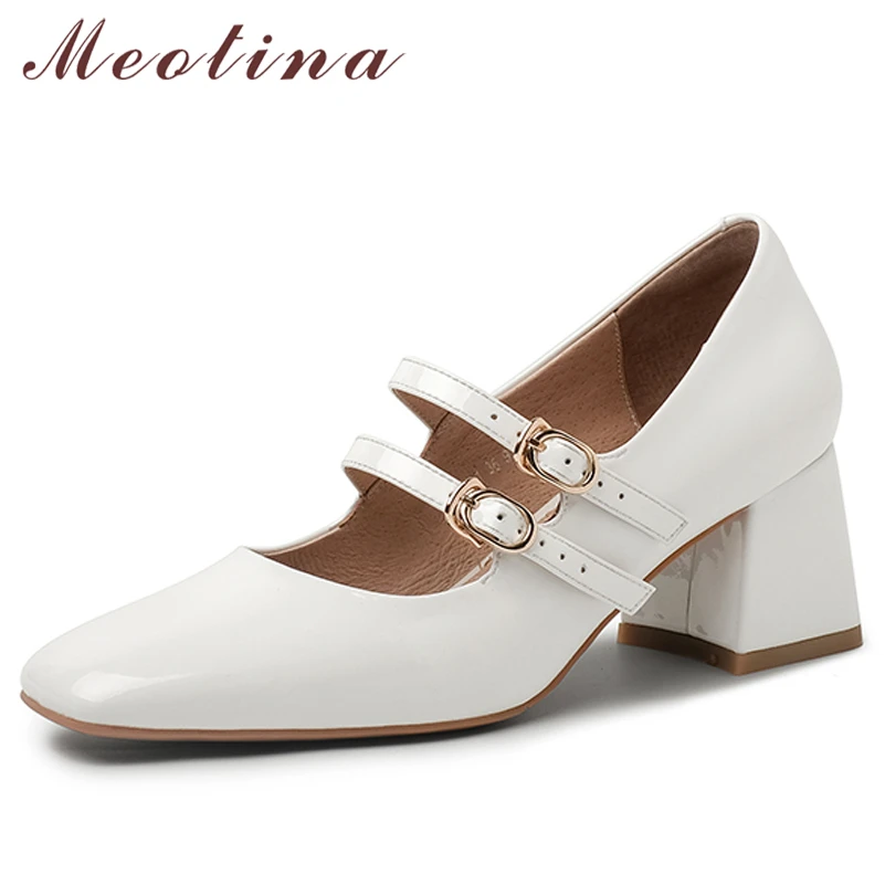 Meotina Genuine Leather Women Mary Janes Shoes Thick Heels Pumps Square Toe Buckle Strap High Heel Lady Footwear Spring White 39