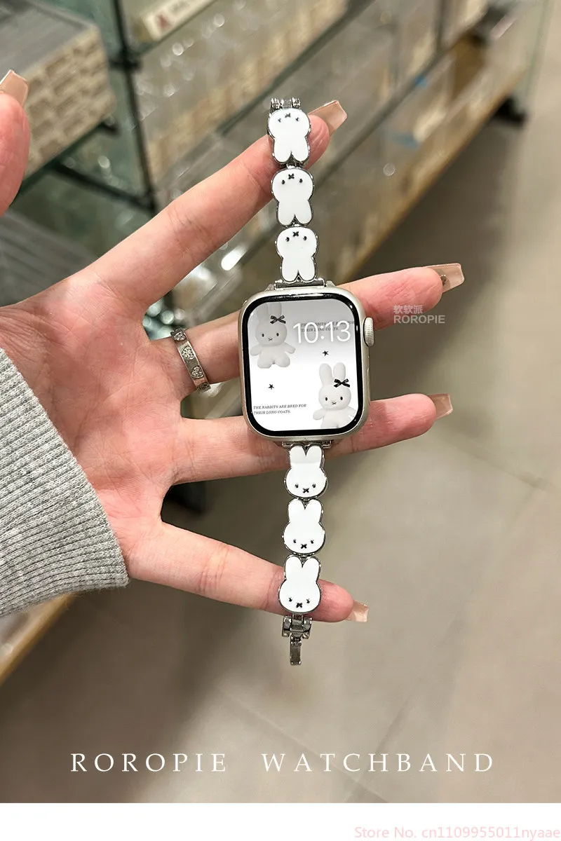 Фото Кожаный ремешок для часов Miffy Rabbit для Apple Watch S11/10/9/Se/Ultra Series, милый женский ремешок №5