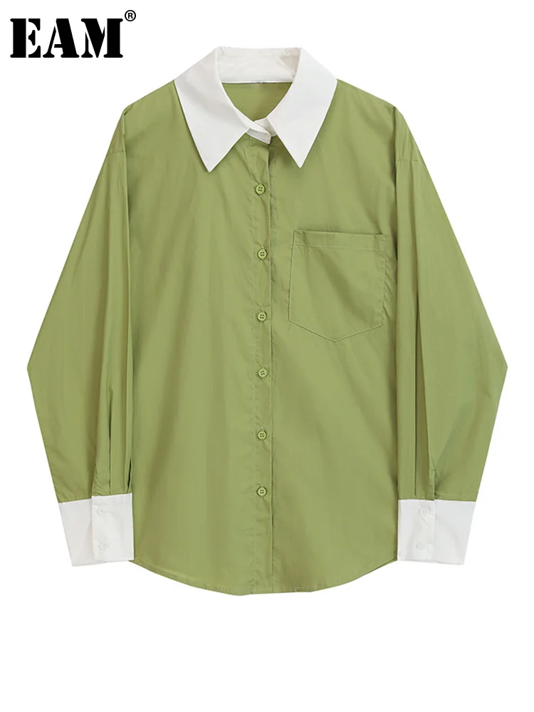 

[EAM] Женская блузка зеленого цвета большого размера, новая свободная рубашка с отворотом и длинным рукавом, модная весенне-осенняя 2023 1DF4992