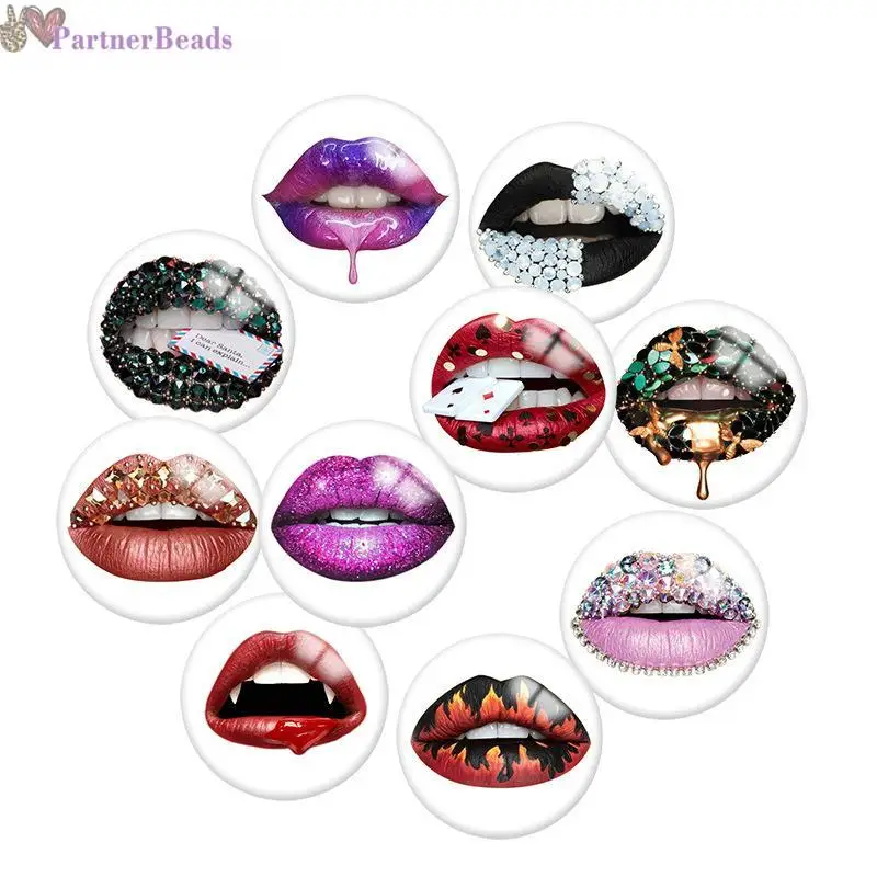 

Lips Round Photo Glass Cabochon Demo Flat Back Making Findings 20mm Snap Button N8591