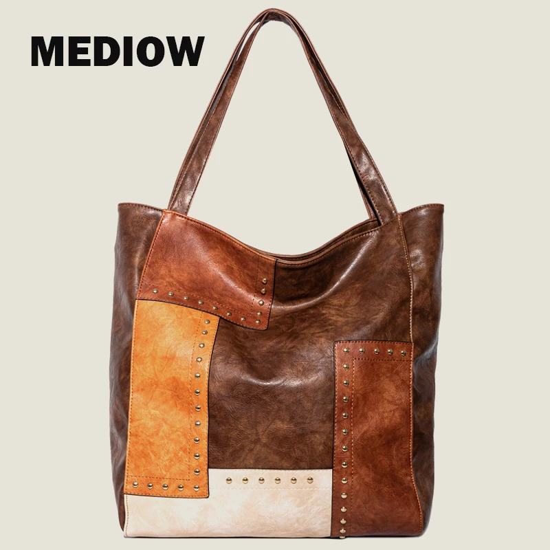 

MEDIOW Casual Large Tote Bag For Women Luxury Designer Handbags 2023 New In PU Vintage Wax Leather Rivet Splicing Shoulder Bags