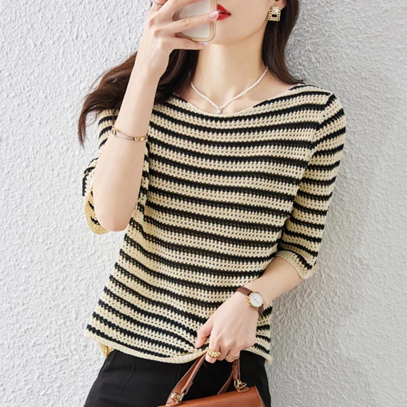 

100% Cotton Knitted Tops Woman's Tees Female Pullover Short Sleeve Slash Neck Loose T-Shirt Blouse Casual Striped Large Size Top