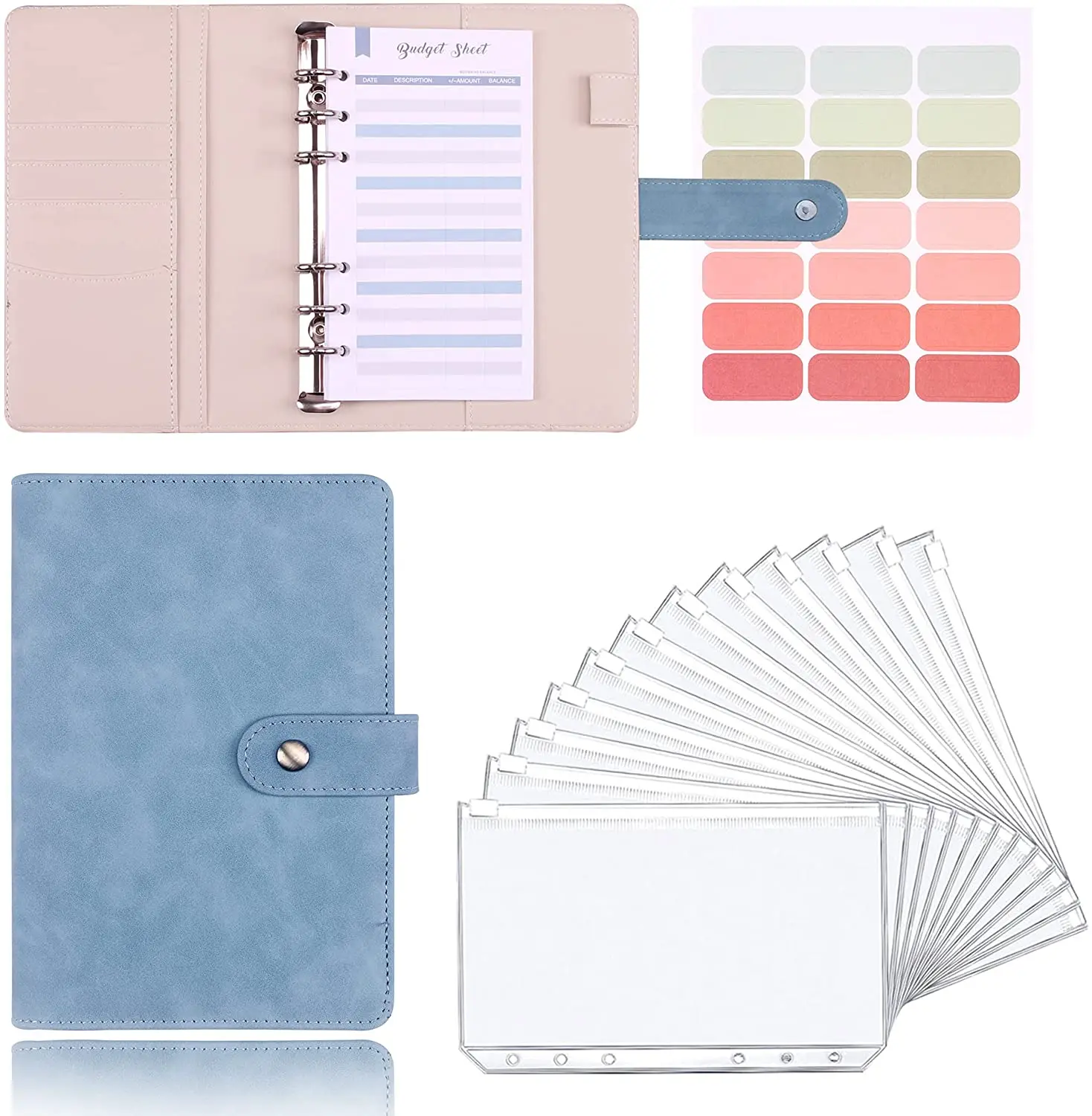 

A6 Cash System Binder,Cash Envelope Binder for Budgeting, PU Leather Notebook Binder with 12PCS Binder Pockets and Budget Sheets