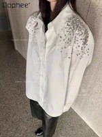 high grade woman handmade rhinestone beaded white shirts 2022 fall new fashion long sleeve straight blouse female blusas mujer