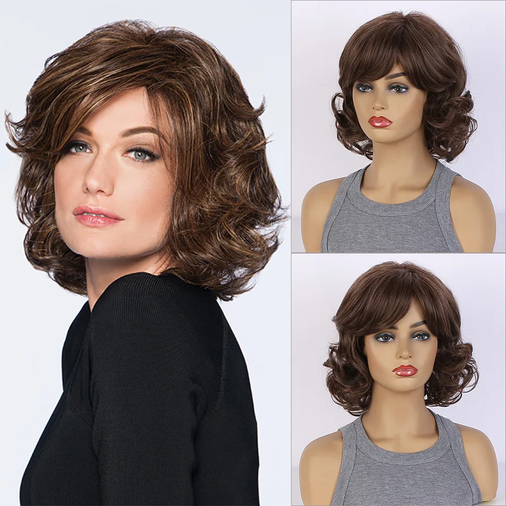 Синтетические волосы женские короткие темно-коричневые вьющиеся парики с челкой