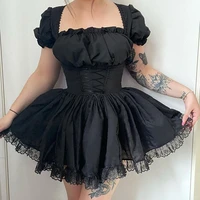 goth women sexy mini dress lace puff sleeves mall gothic bandage harajuku white lolita kwaii dresses black bodycon partywear