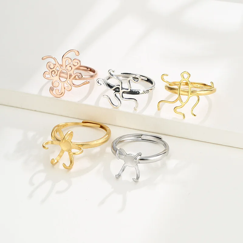 S925 Sterling Silver Ring Empty Set Female 18K Gold Wax Amber Turquoise Shaped Ring Empty DIY Jewelry Making Accessory Wholesale