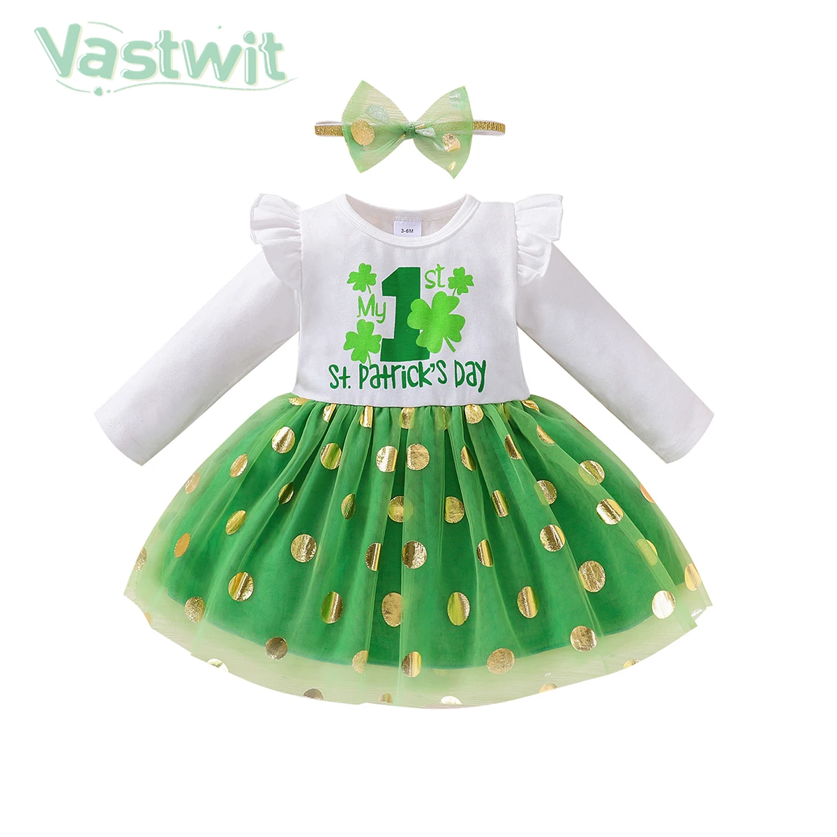 

Baby Girls 1st Birthday Dress Long Sleeve Letter Four-leaf Clover Print Tutu Mesh Dresses with Headband St.Patrick's Day Costume