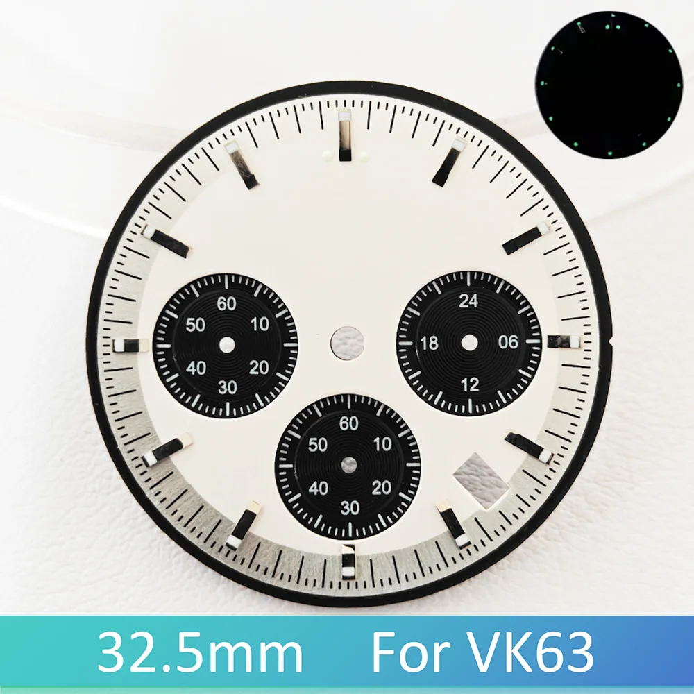 Фото 32,5 мм для циферблата VK63 C3, зеленая светящаяся высококачественная с окошком календаря, подходит для корпуса из минерального хрустального стекла, аксессуар для часов №3