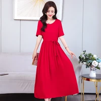 beardon summer womens cotton silk solid color dress short sleeved o neck slim temperament belt long skirt 2022 new