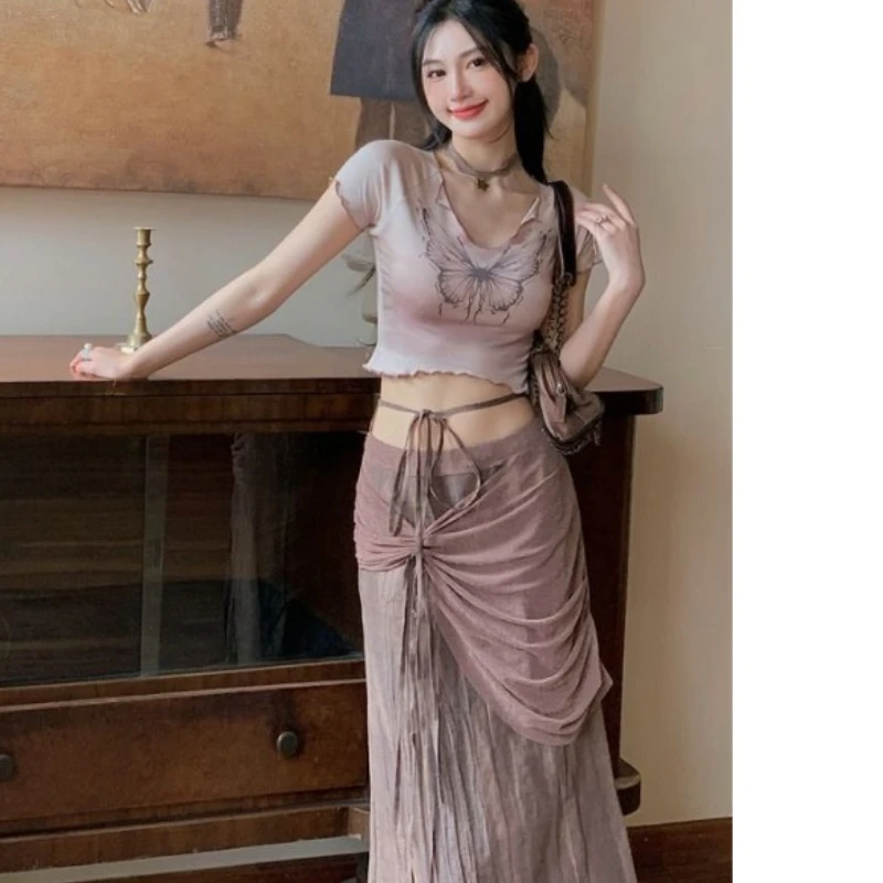

Women's Set 2023 Summer Pure Lust Butterfly Halo Dyed Knitted Top Design Sense High Waist Slim Skirt Two Pieces Suit Clothes