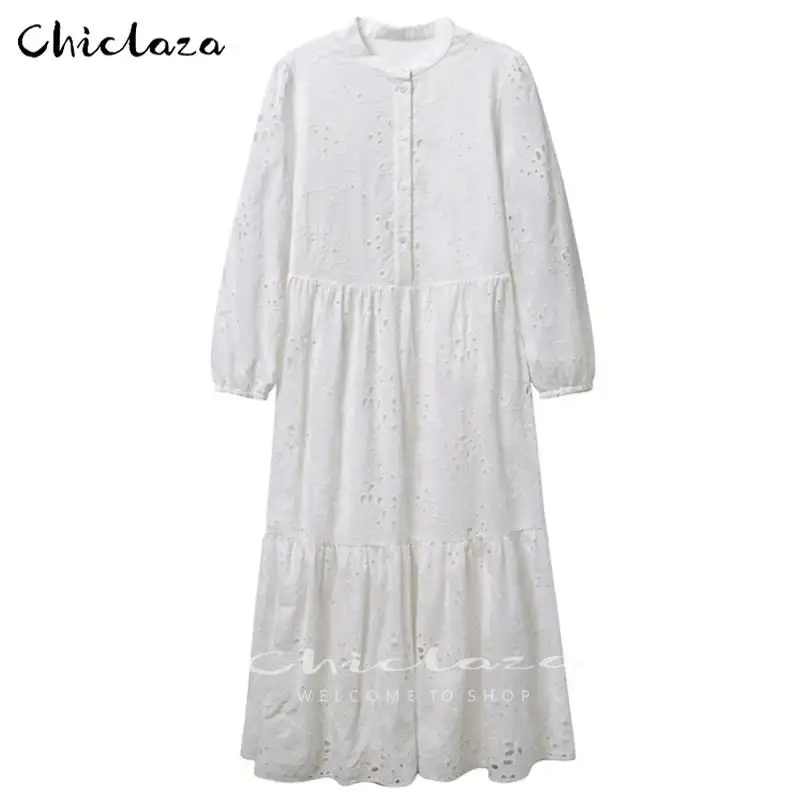 

CHICLAZA Women 2022 Spring Summer White Embroidery Hollow Party Dress Female Casual O-Neck Long Sleeve Loose Midi Dresses Ladies