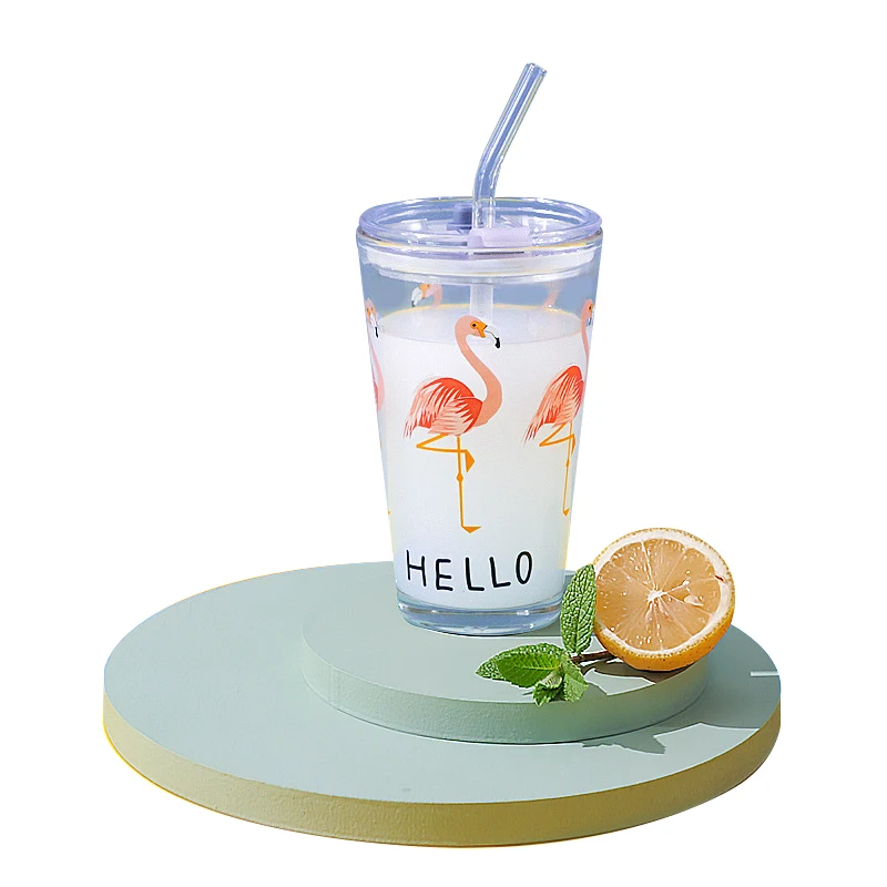 

Cartoon Glass Cup with Straw Drink Cup Creative Cute Office Graduated Milk Cup Creative Juice Drink Cup