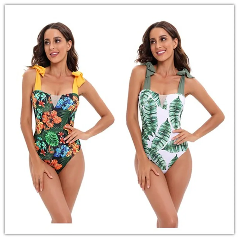 

One Piece Women's Swimsuit 2022 New Florial Print Shoulder Straps Bandage Push Up Cheecky Cut Female Bathing Suit Beachwear