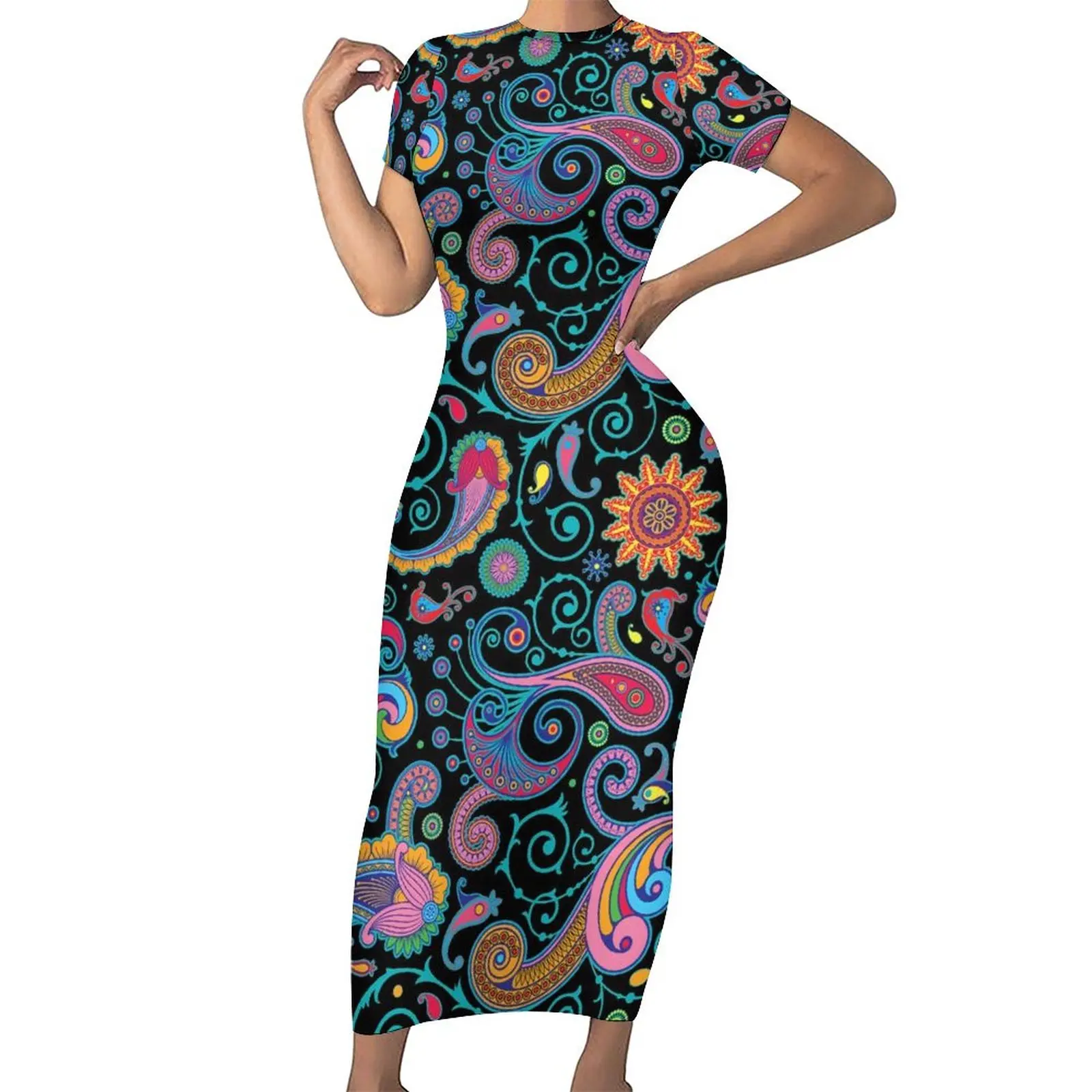 

Retro Paisley Print Dress Women Colorful Floral Street Style Bodycon Dress Night Club Maxi Dresses Graphic Oversized Vestido